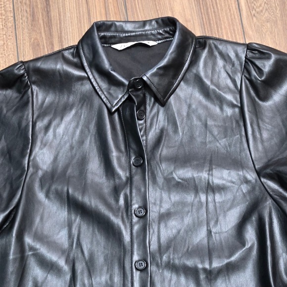 Zara Black Faux Leather Puff Sleeve Button Down Shirt Dress TunicLarge 4369/250 - Picture 5 of 12